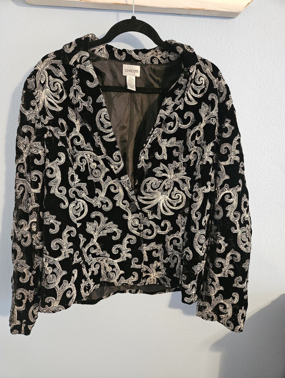 Chico's Black Velvet Jacket with Silver Embroidered Detail